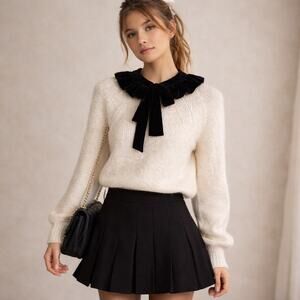ZARA Cream Knit Sweater Velvet Ruffle Collar Bow Coquette Preppy Chic Size M